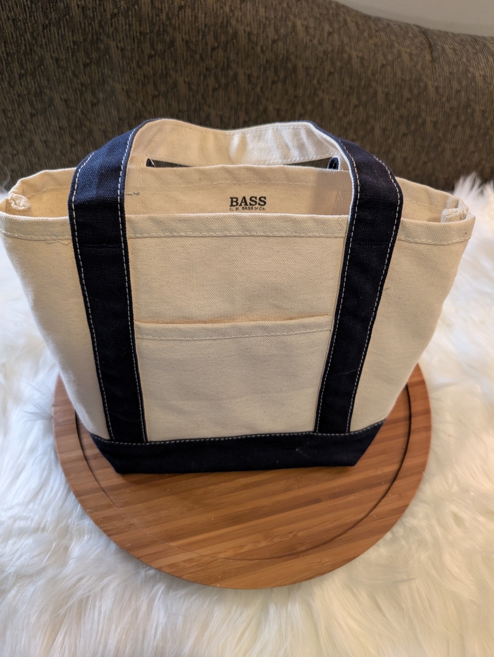 Bass Canvas Tote in Cream with Navy Accents